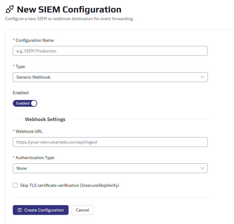 Configuring a SIEM forwarding destination.